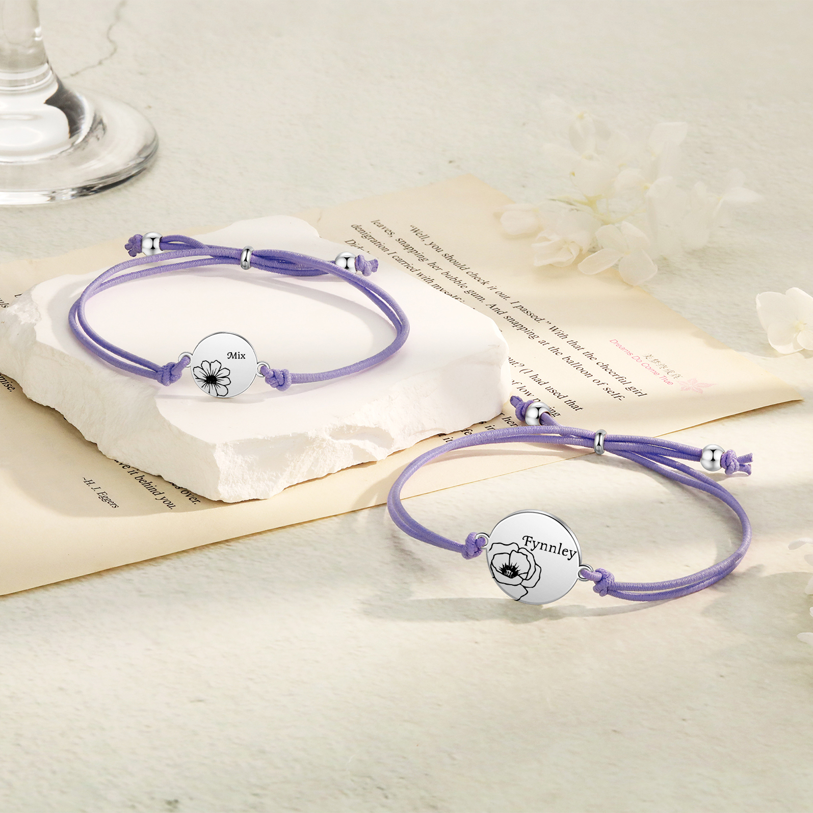 2 Pcs Bracelet Set Personalised Names & Birth Flowers Adjustable Bracelets with Message Card Back to School Gifts for Daughters-Jessemade AU