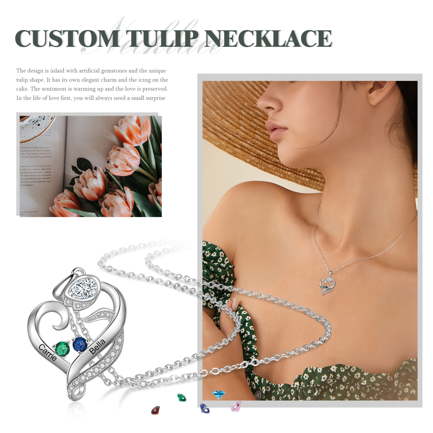 Personalised Flower Heart Necklace With 2 Birthstones Custom Names Necklace Gift For Her-Jessemade AU