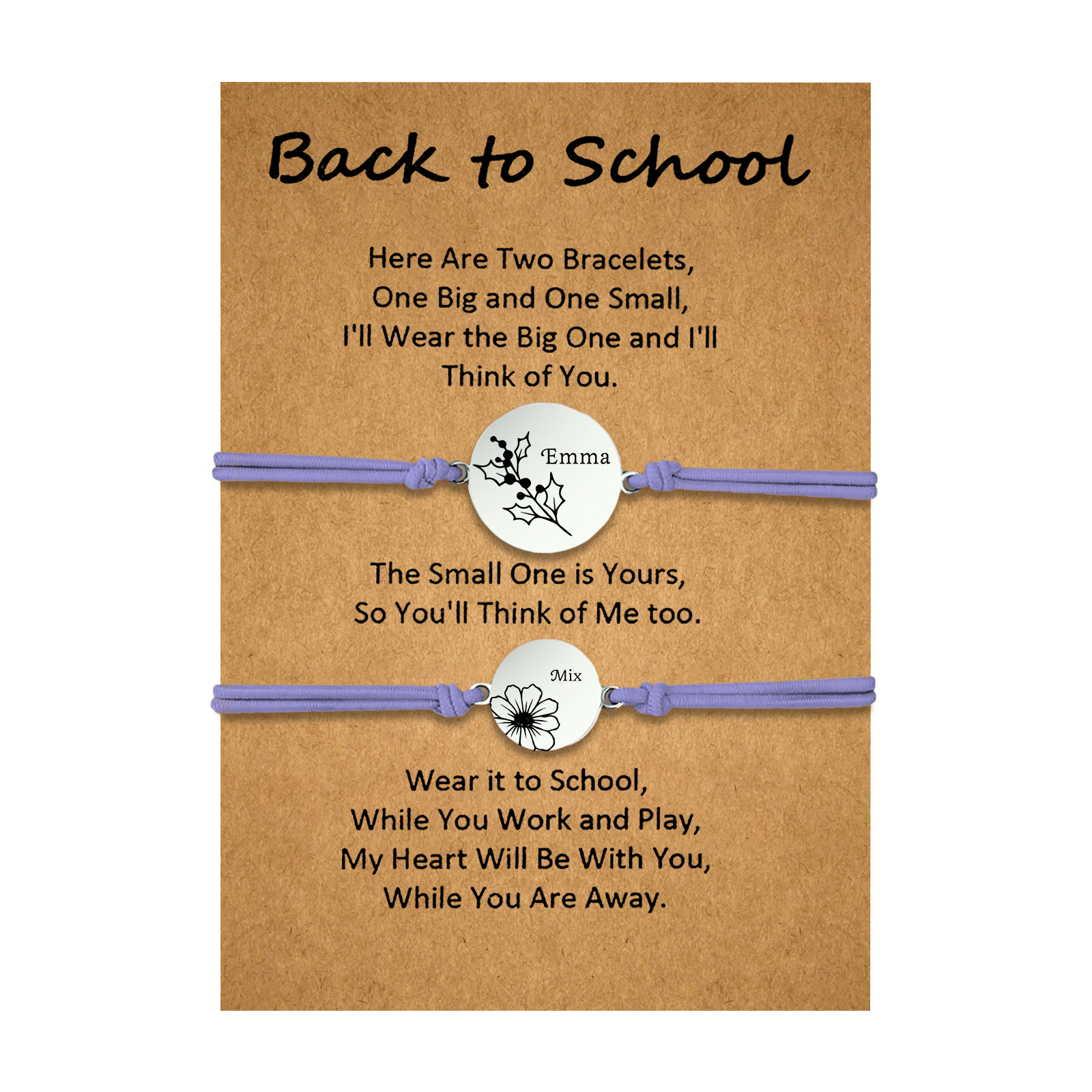 2 Pcs Bracelet Set Personalised Names & Birth Flowers Adjustable Bracelets with Message Card Back to School Gifts for Daughters-Jessemade AU