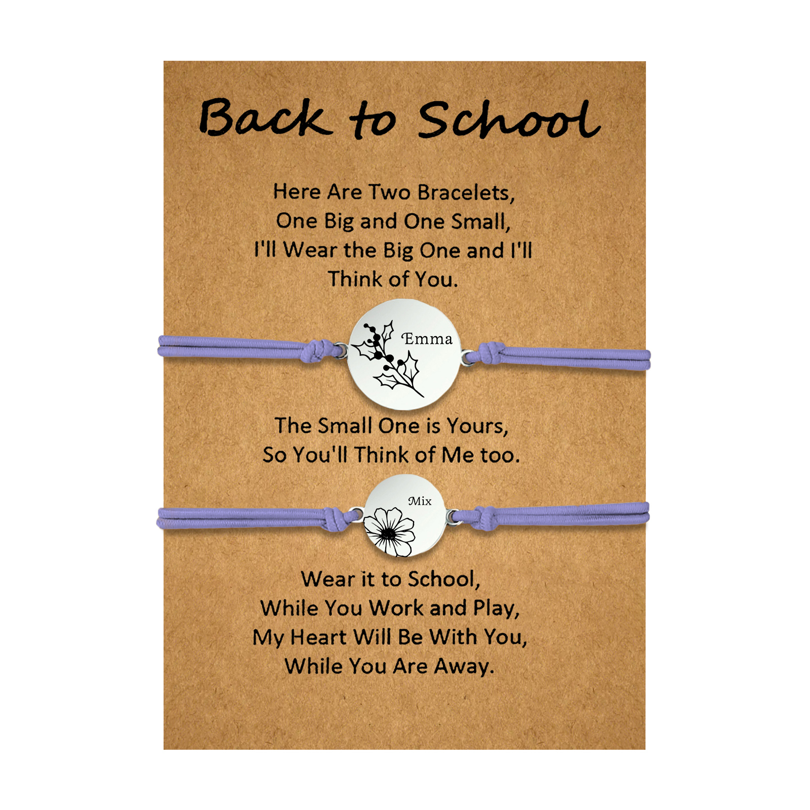 2 Pcs Bracelet Set Personalised Names & Birth Flowers Adjustable Bracelets with Message Card Back to School Gifts for Daughters-Jessemade AU