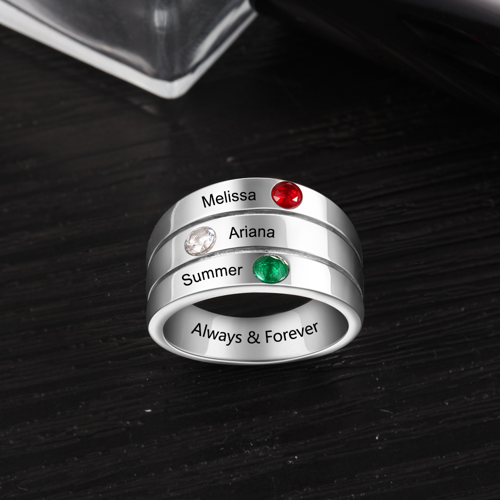 Personalised Mothers Ring With 3 Birthstones Engraved Names Ring Gift For Women-Jessemade AU