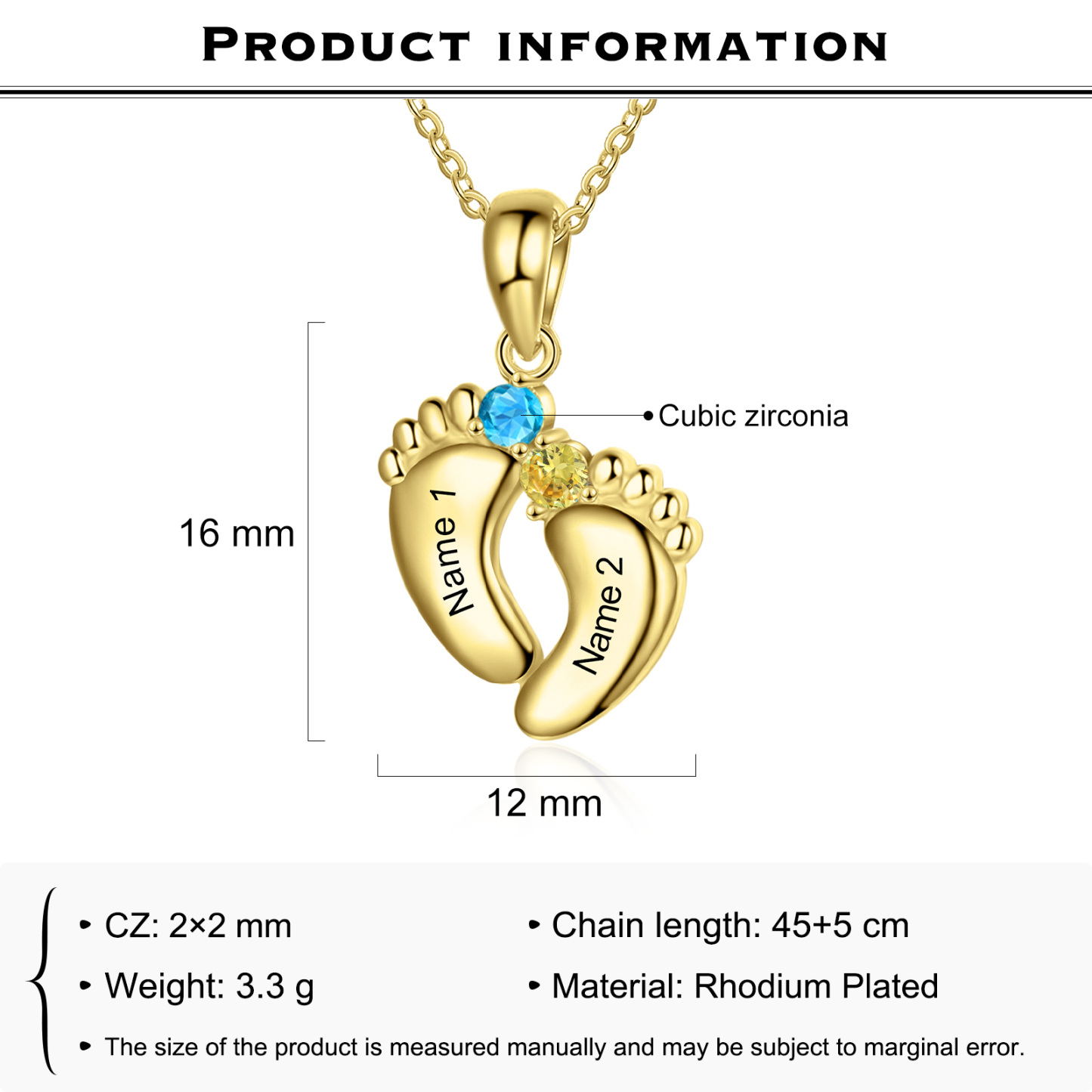 Personalised Baby Feet Necklace With 2 Birthstones Engraved Names Gift For Mother-Jessemade AU