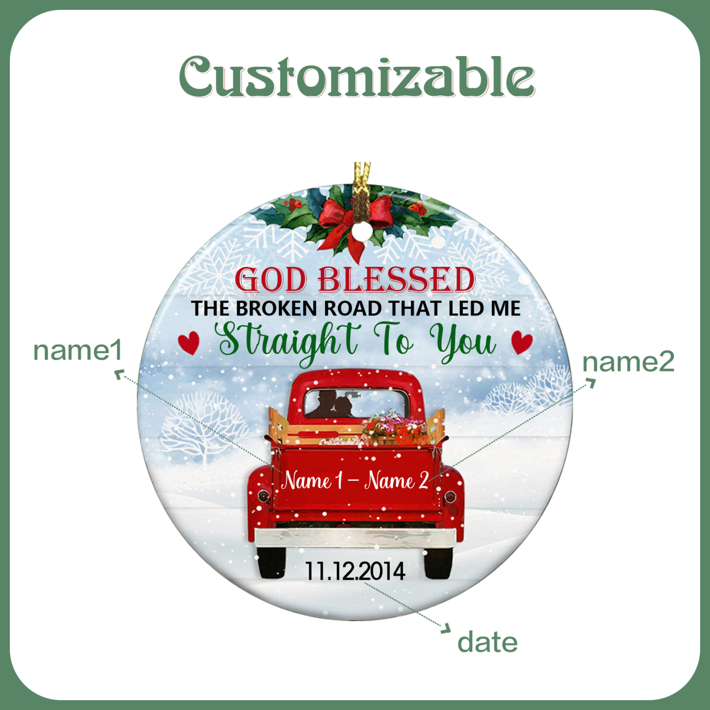 2 Names - Personalised Wooden Christmas Ornaments Customised Name & Date Couple Red Truck Christmas Circle Ornament-Jessemade AU