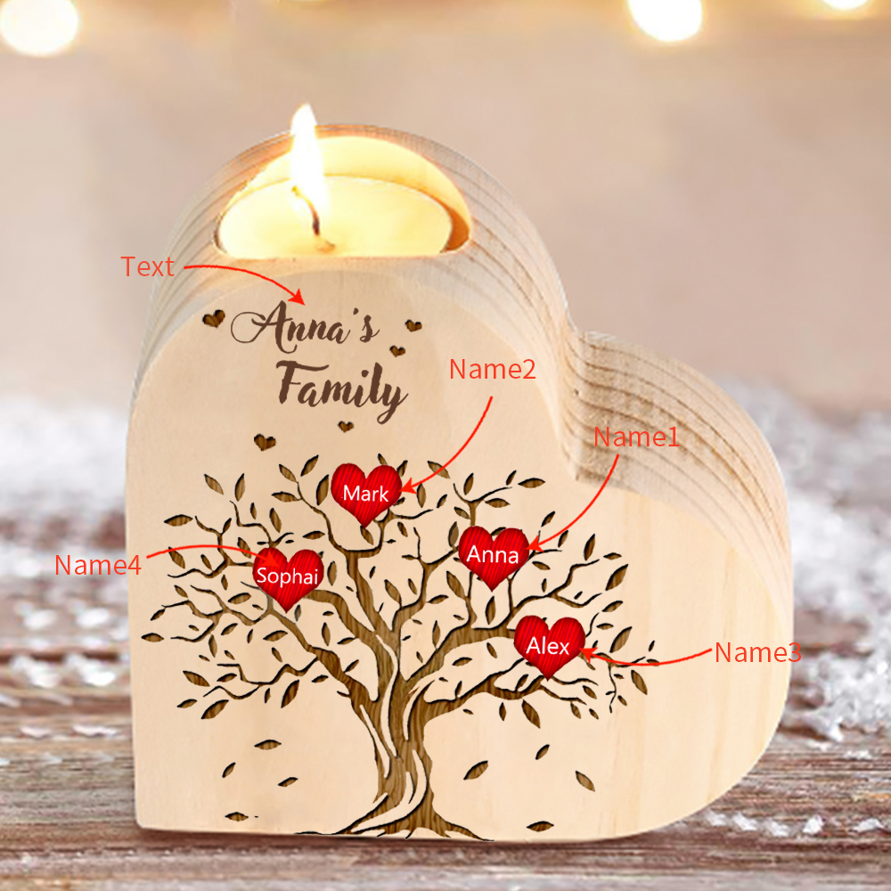 To My Family Wooden Heart Candle Holder Custom 4 Names Family Tree Candlesticks-Jessemade AU
