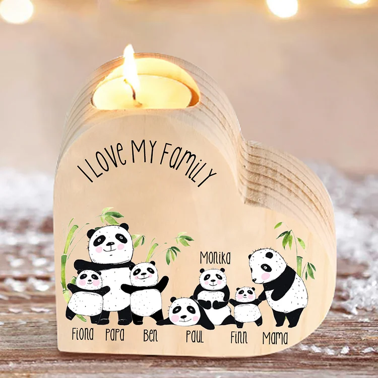 Family Panda Heart Candle Holder Personalised Wooden Candlestick Custom 7 Names-Jessemade AU
