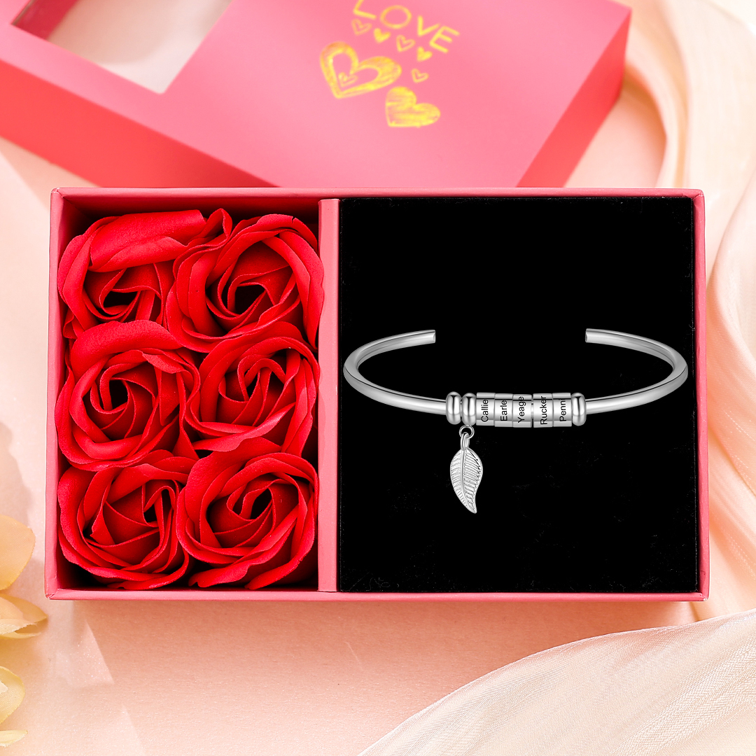 Women Bangle Bracelet with Leaf and Beads Engraved 5 Names Rose Gifts for Mother-Jessemade AU