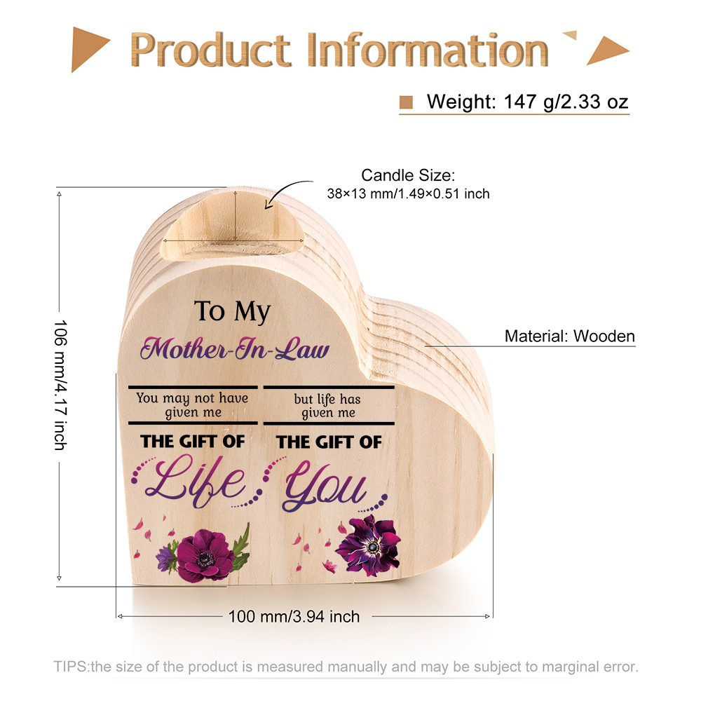 To My Mother-in-law Violet Flower Heart Candle Holder "Life Has Given Me The Gift of You" Wooden Candlestick-Jessemade AU