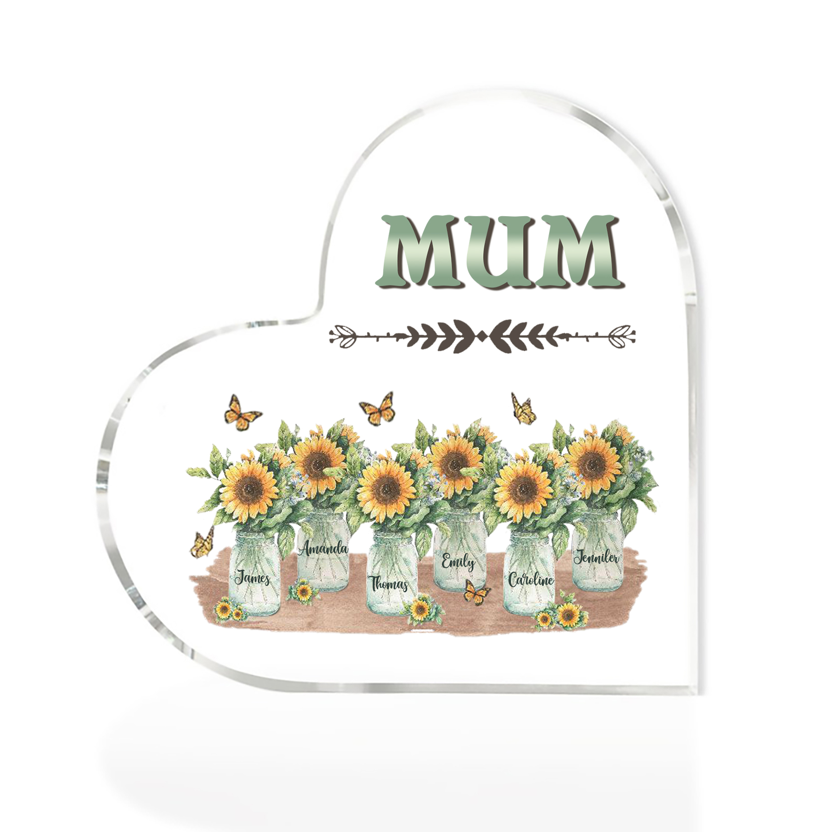 Personalised Acrylic Heart Keepsake Custom 6 Names & 1 Text Sunflower Vase Ornament Gifts for Mother/Grandma-Jessemade AU