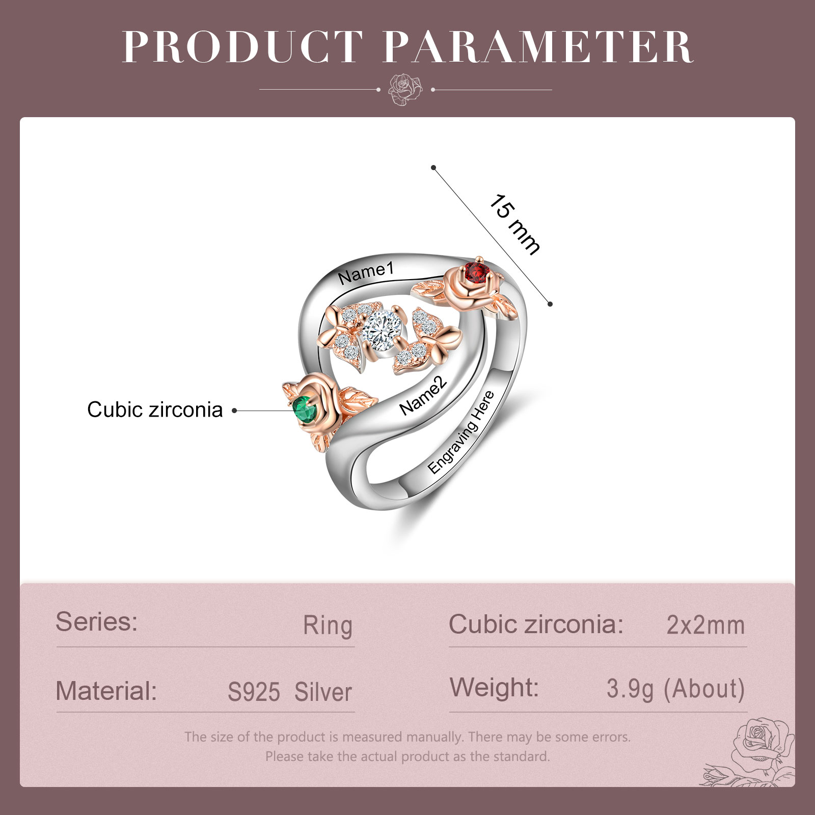 Personalised Rose Ring With 2 Birthstones Engraved Names Ring Gift For Women-Jessemade AU