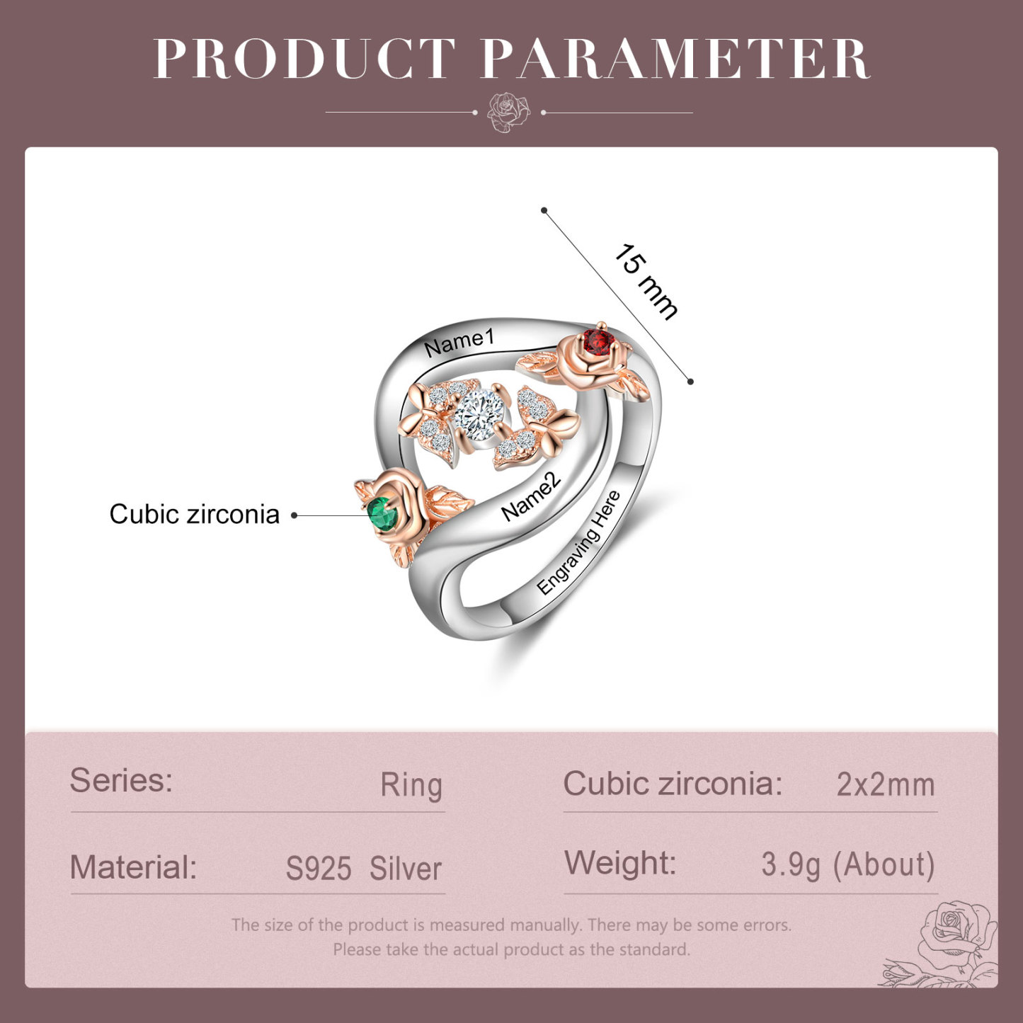 Personalised Rose Ring With 2 Birthstones Engraved Names Ring Gift For Women-Jessemade AU