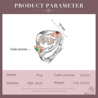 Personalised Rose Ring With 2 Birthstones Engraved Names Ring Gift For Women-Jessemade AU