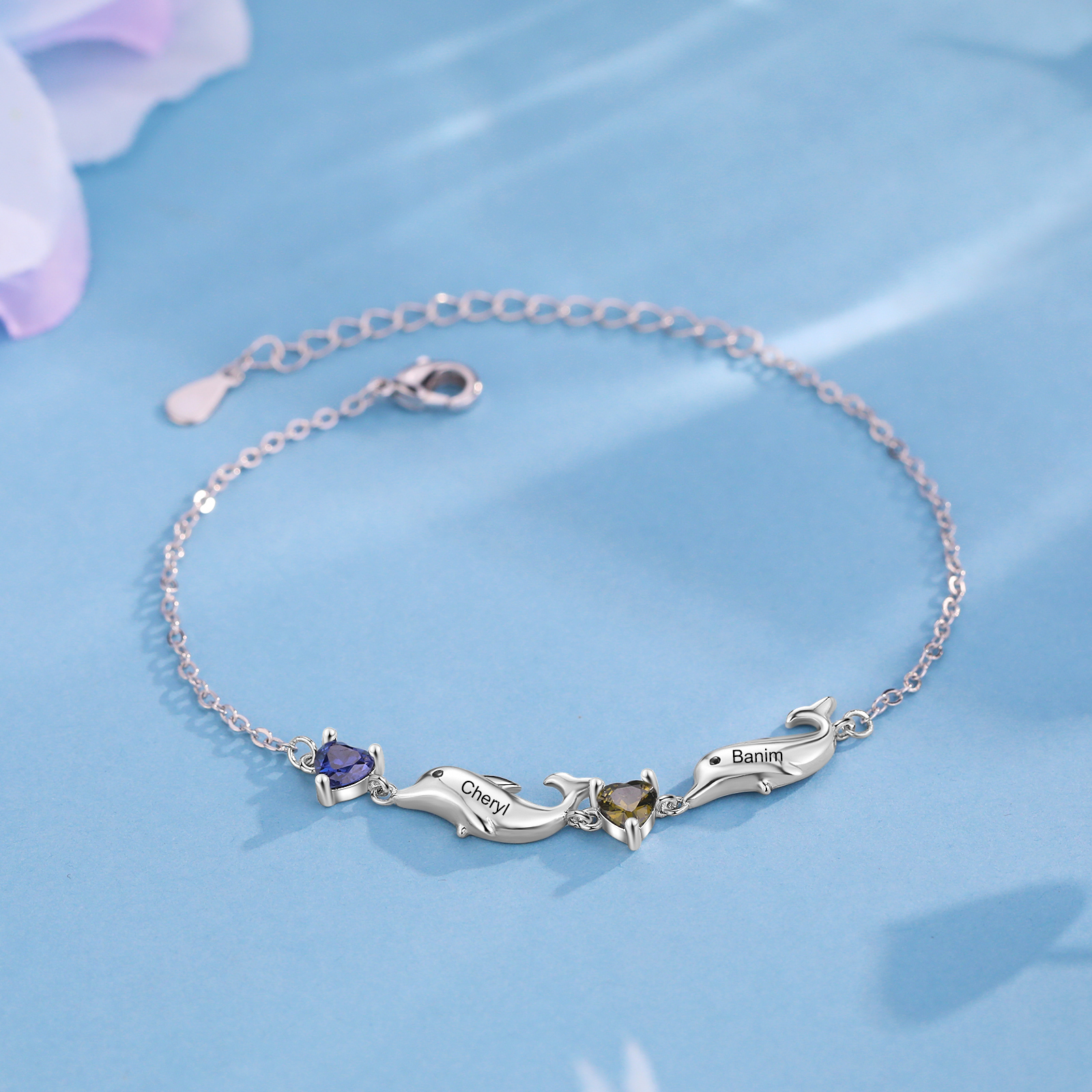 Dolphin Bracelet Personalised 2 Birthstones & 2 Names Women Bracelet-Jessemade AU