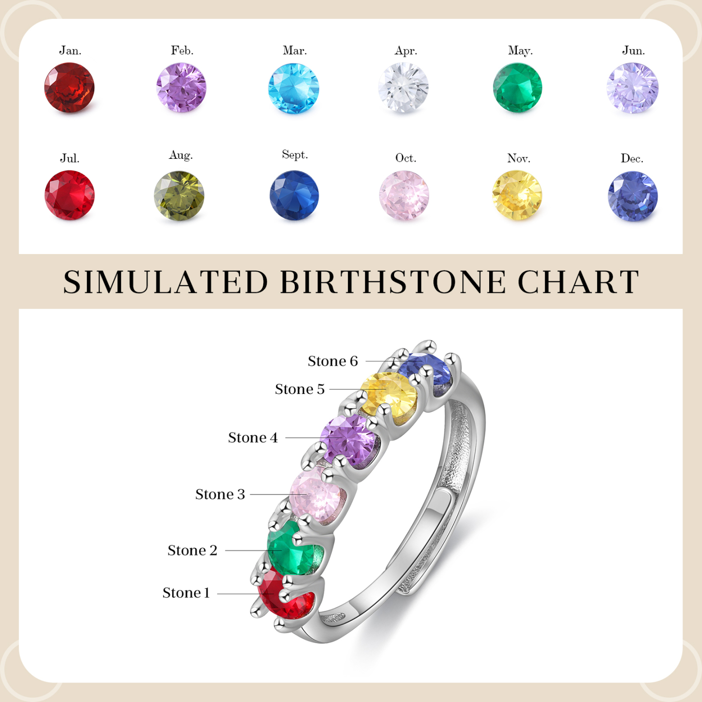 Personalised Women's Ring Customised 6 Birthstones Open Ring Birthday Gift for Women Girls-Jessemade AU