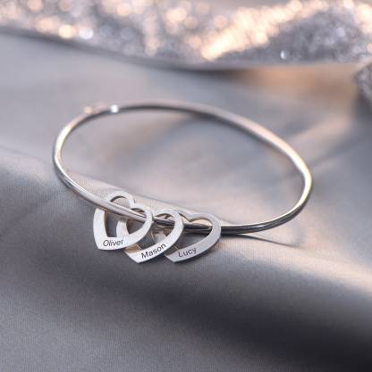 Engraved Bangle Bracelet with 2 Heart Pendant Gift for Mother Love Bracelets Rose For Her -Jessemade AU