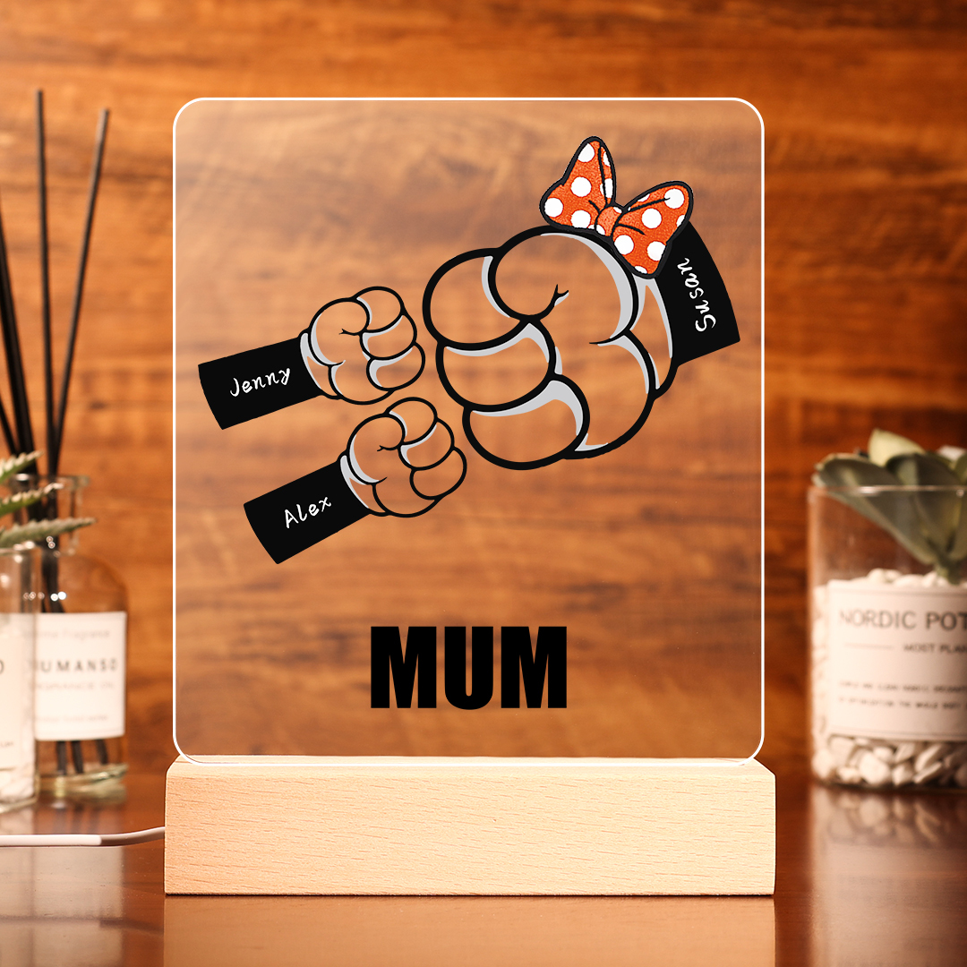 3 Names - Personalised Acrylic Night Light Custom Names & Text Fist Bump LED Lamp Gifts for Family-Jessemade AU