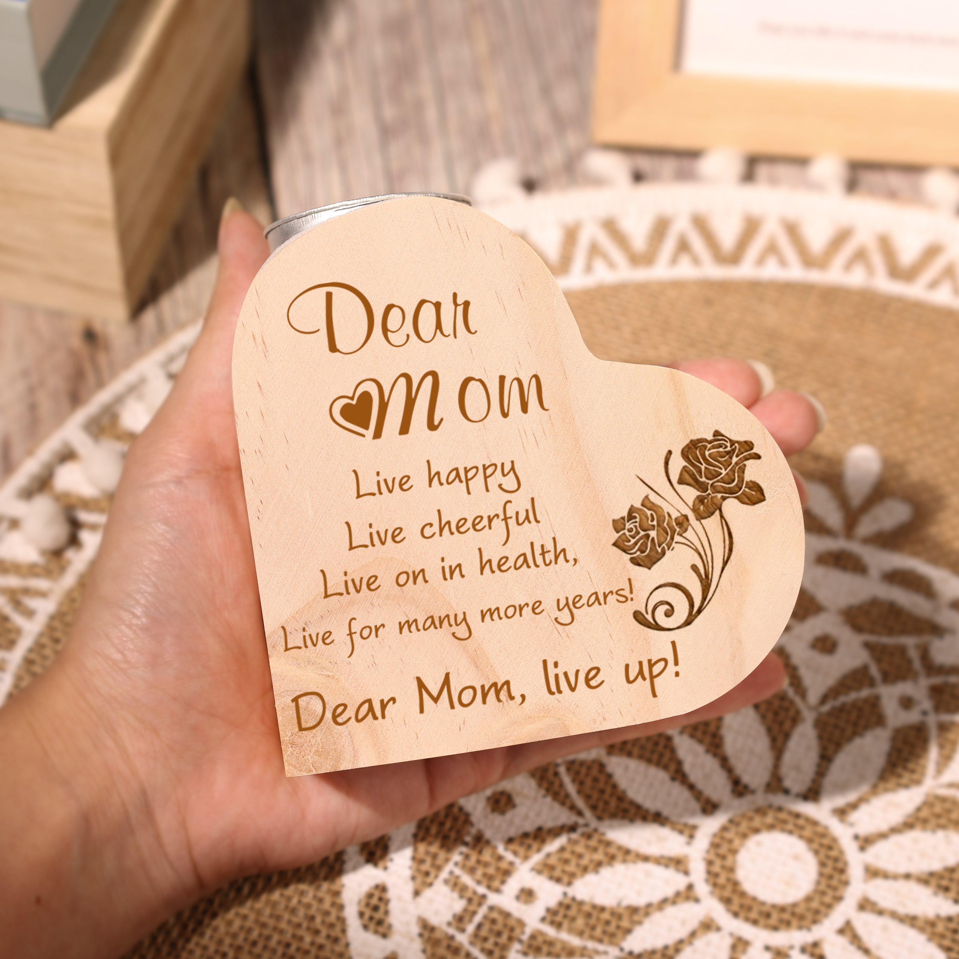 To My Dear Mom Heart Candle Holder Wooden Candlestick "live happy live cheerful"-Jessemade AU