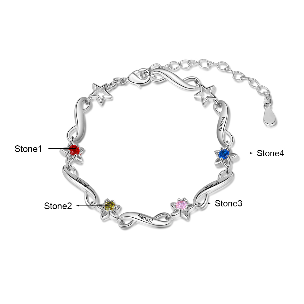 Personalised Star Bracelet With 4 Birthstones Engraved Names Bracelet Gift For Women-Jessemade AU