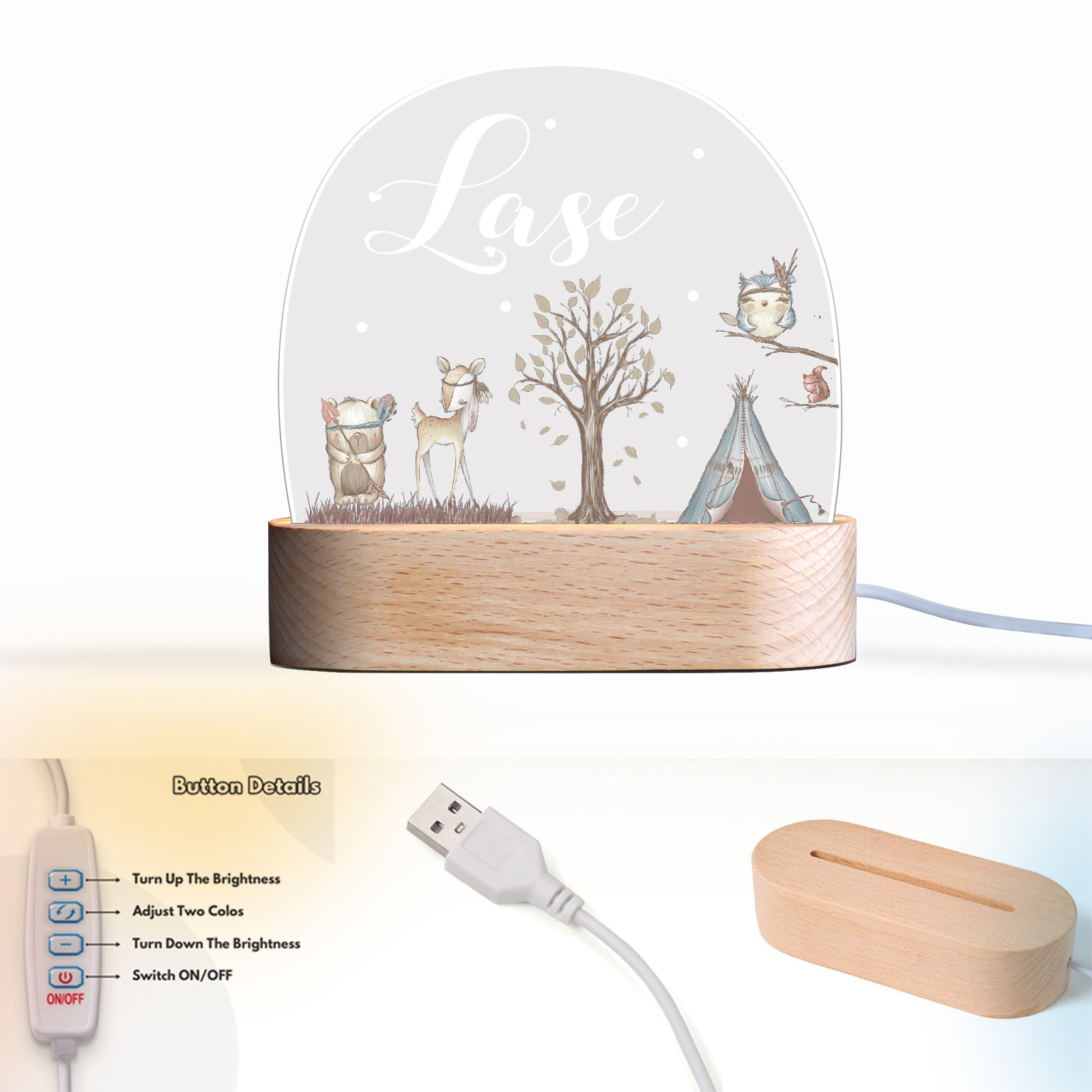Personalised Woodland Friends Night Light Custom Name LED Lamp Baby Gift-Jessemade AU