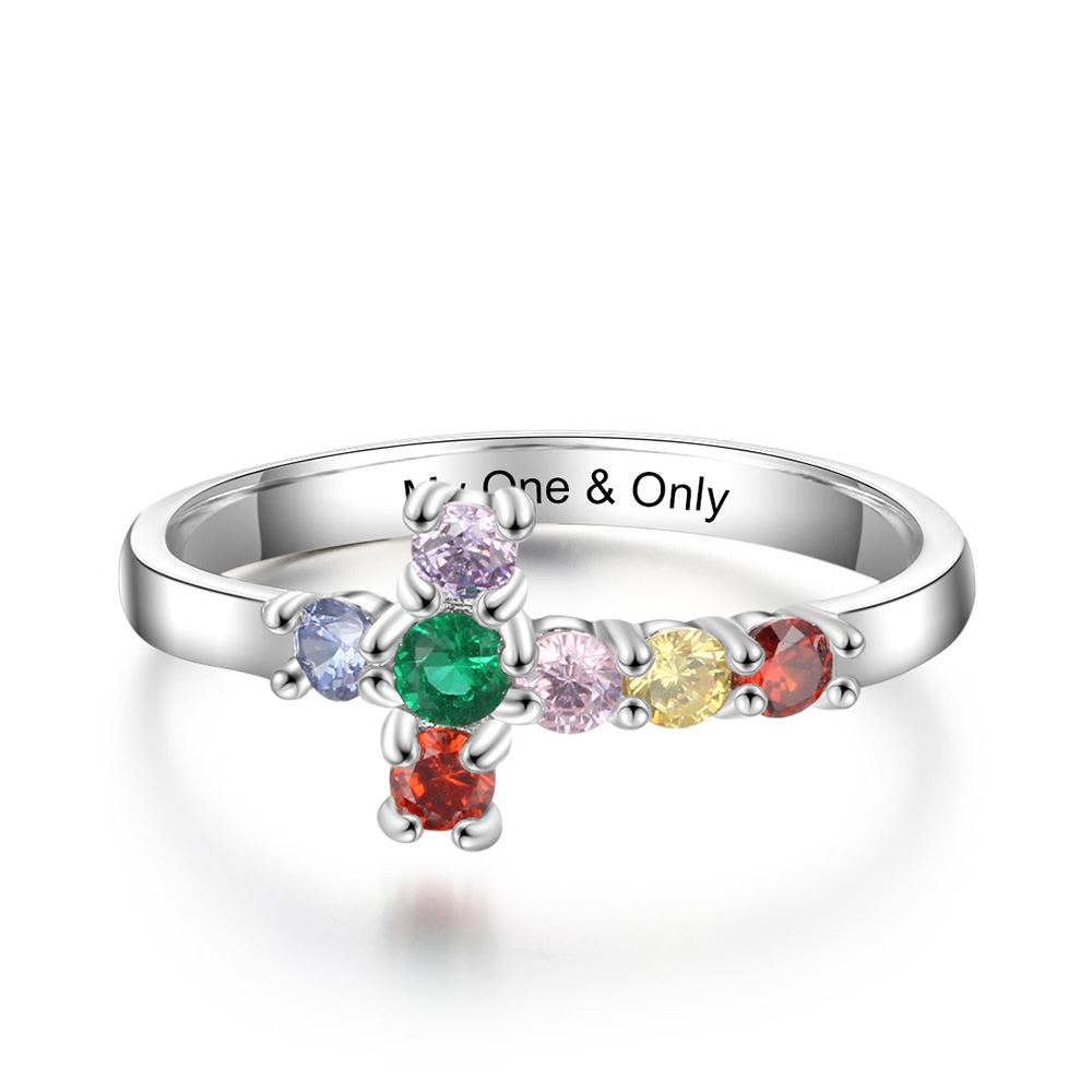 S925 Silver Ring Personalised 7 Birthstones Cross Ring With Names Gifts For Her-Jessemade AU