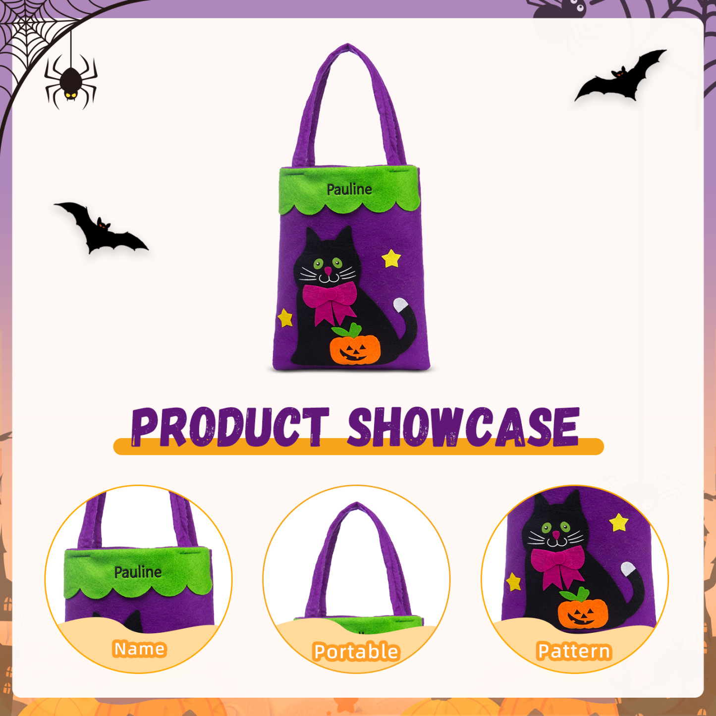 Personalised Halloween Tote Bags Custom 1 Name Tote Bag Halloween Candy Bag for Kids-Jessemade AU