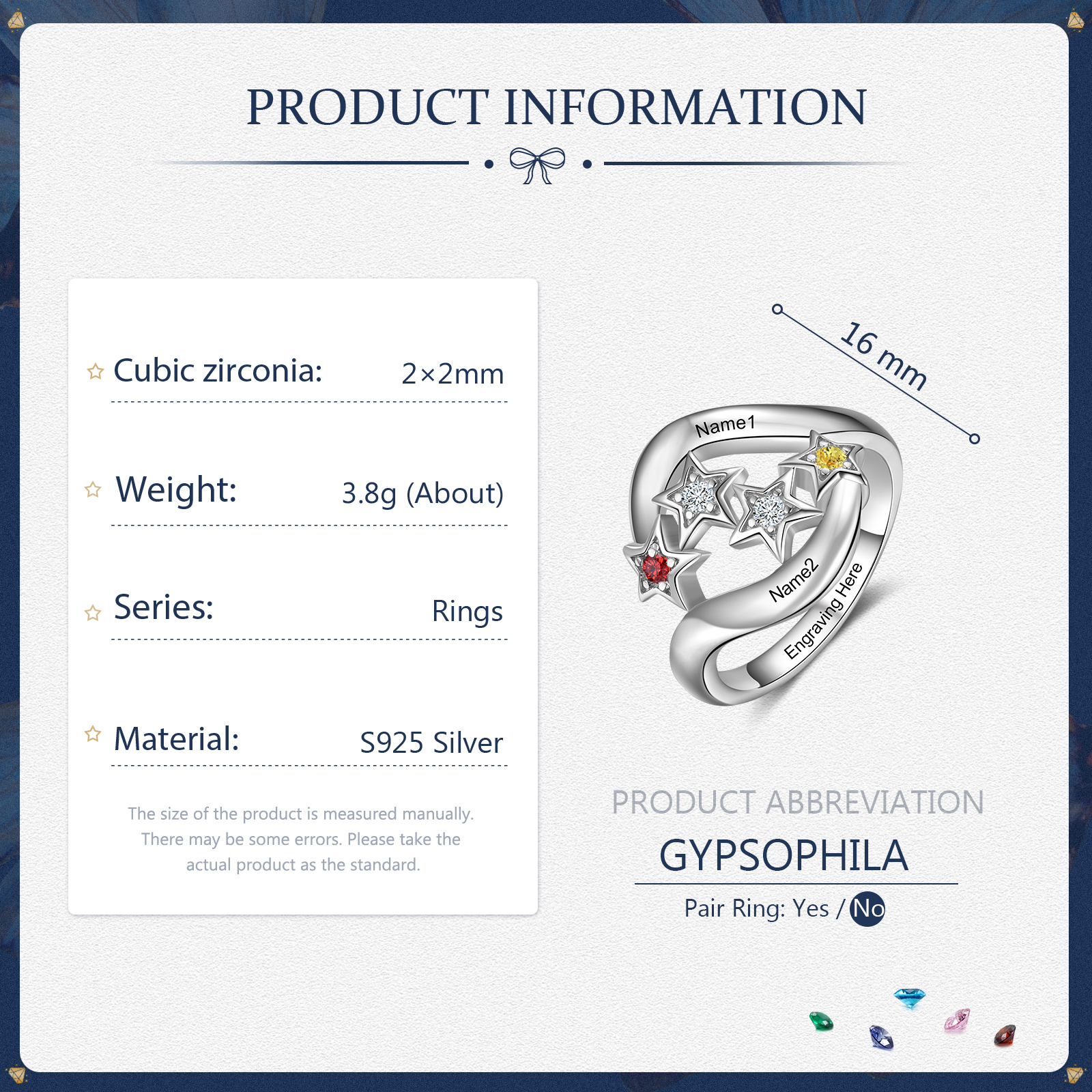 Personalised Star Ring With 2 Birthstones Engraved Names Ring Gift For Women-Jessemade AU