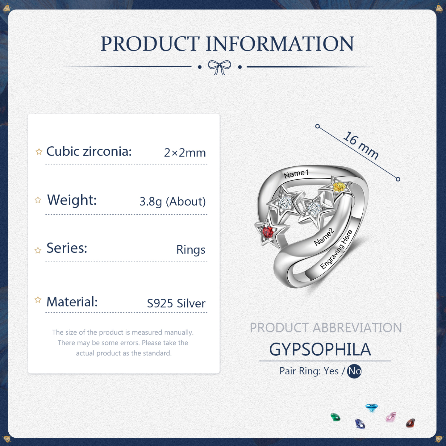 Personalised Star Ring With 2 Birthstones Engraved Names Ring Gift For Women-Jessemade AU