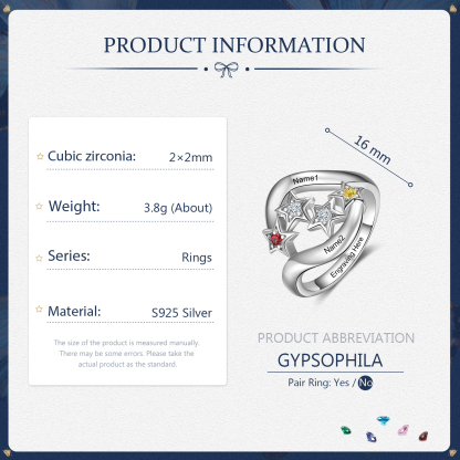 Personalised Star Ring With 2 Birthstones Engraved Names Ring Gift For Women-Jessemade AU