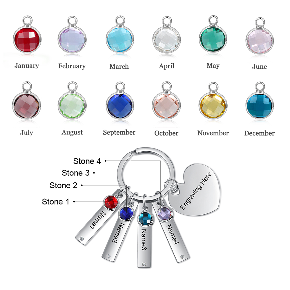Personalised Birthstone Keychain Engraved 4 Names Keychain Gifts For Her-Jessemade AU