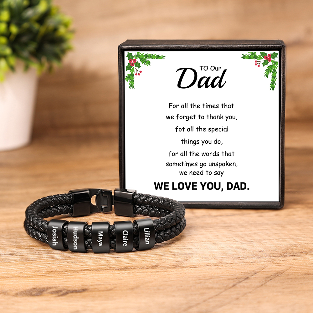 Personalised Braided Leather Bracelet Engraved 5 Names Men's Bracelet for Him