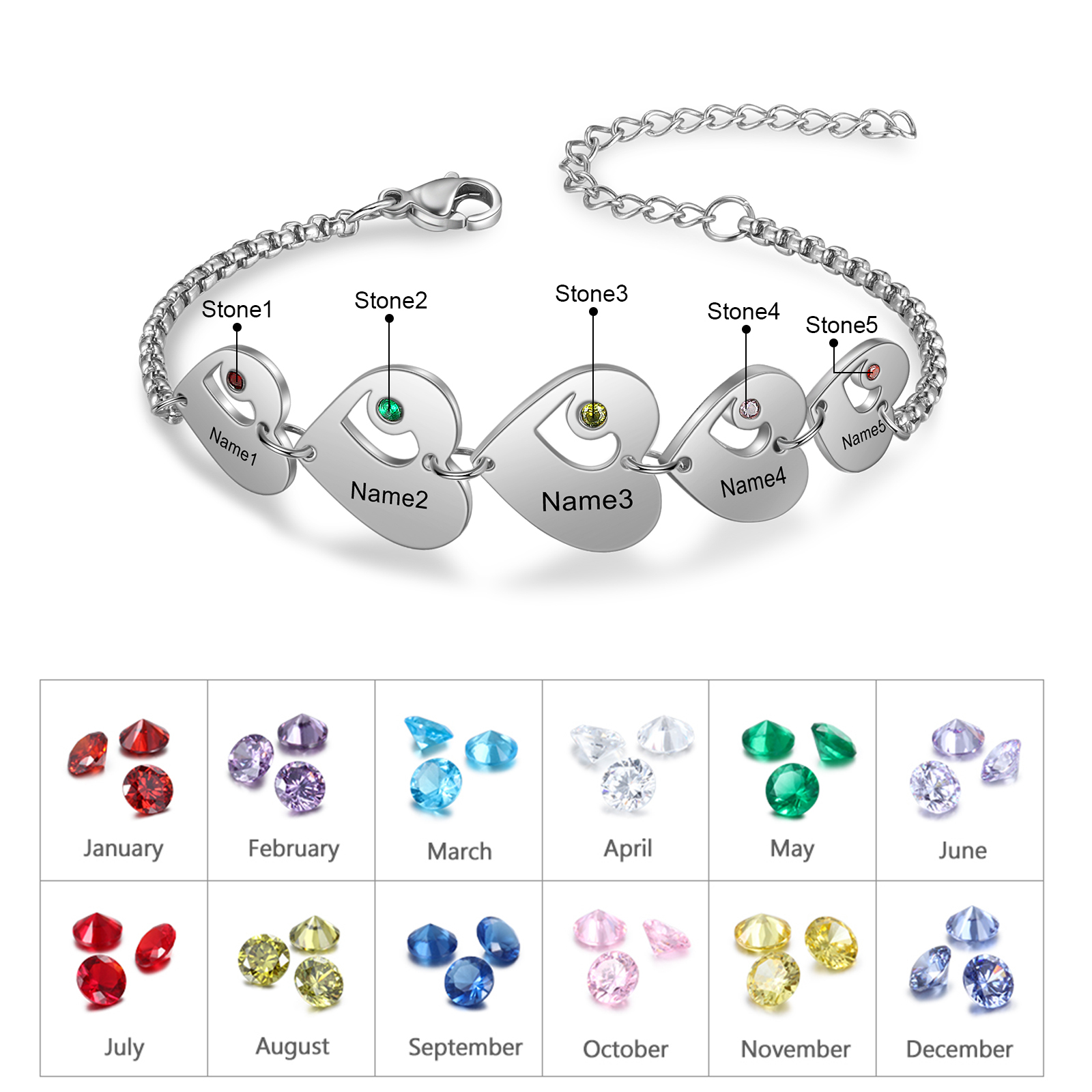Personalised Heart Bracelet with Birthstones Custom 5 Names Family Bracelet Gifts for Her-Jessemade AU