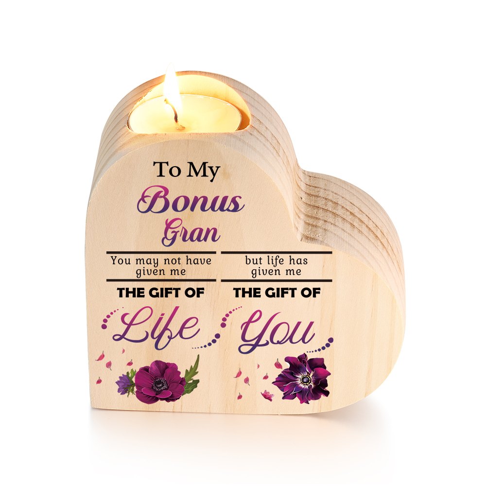 To My Bonus Nanny/Grandma/Nan Violets Heart Candlestick "Life Gave Me The Gift of You" Wooden Candle Holder-Jessemade AU