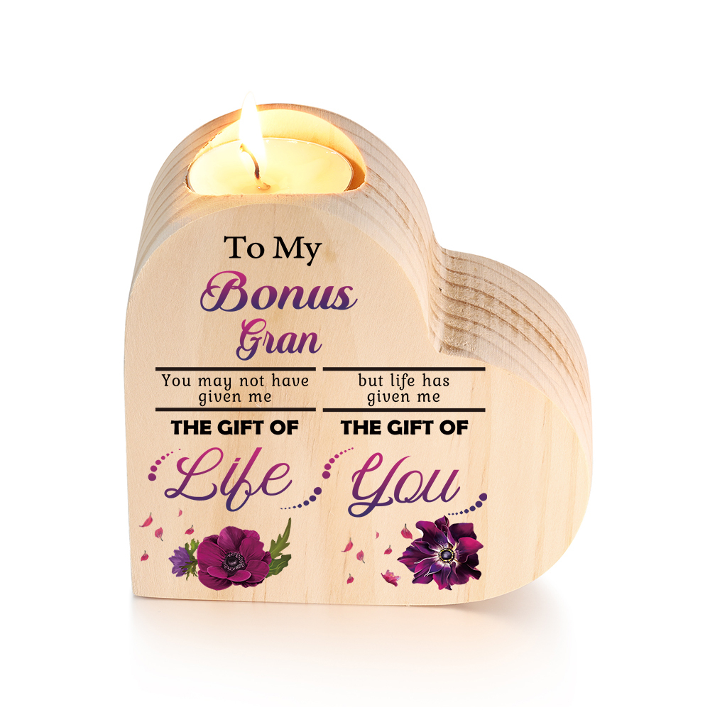 To My Bonus Nanny/Grandma/Nan Violets Heart Candlestick "Life Gave Me The Gift of You" Wooden Candle Holder-Jessemade AU