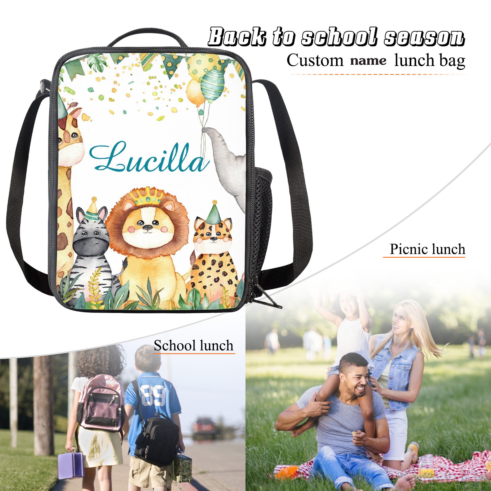 Custom Name Lunch Bag Personalised Cartoon Animals Lunch Box  Gifts for Kids-Jessemade AU
