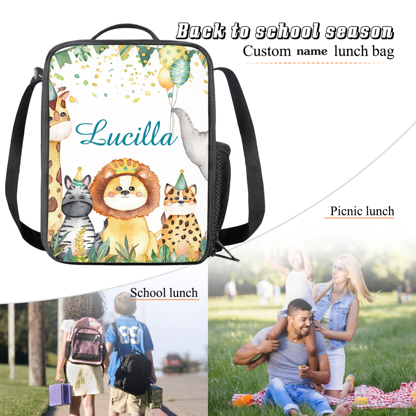 Custom Name Lunch Bag Personalised Cartoon Animals Lunch Box  Gifts for Kids-Jessemade AU