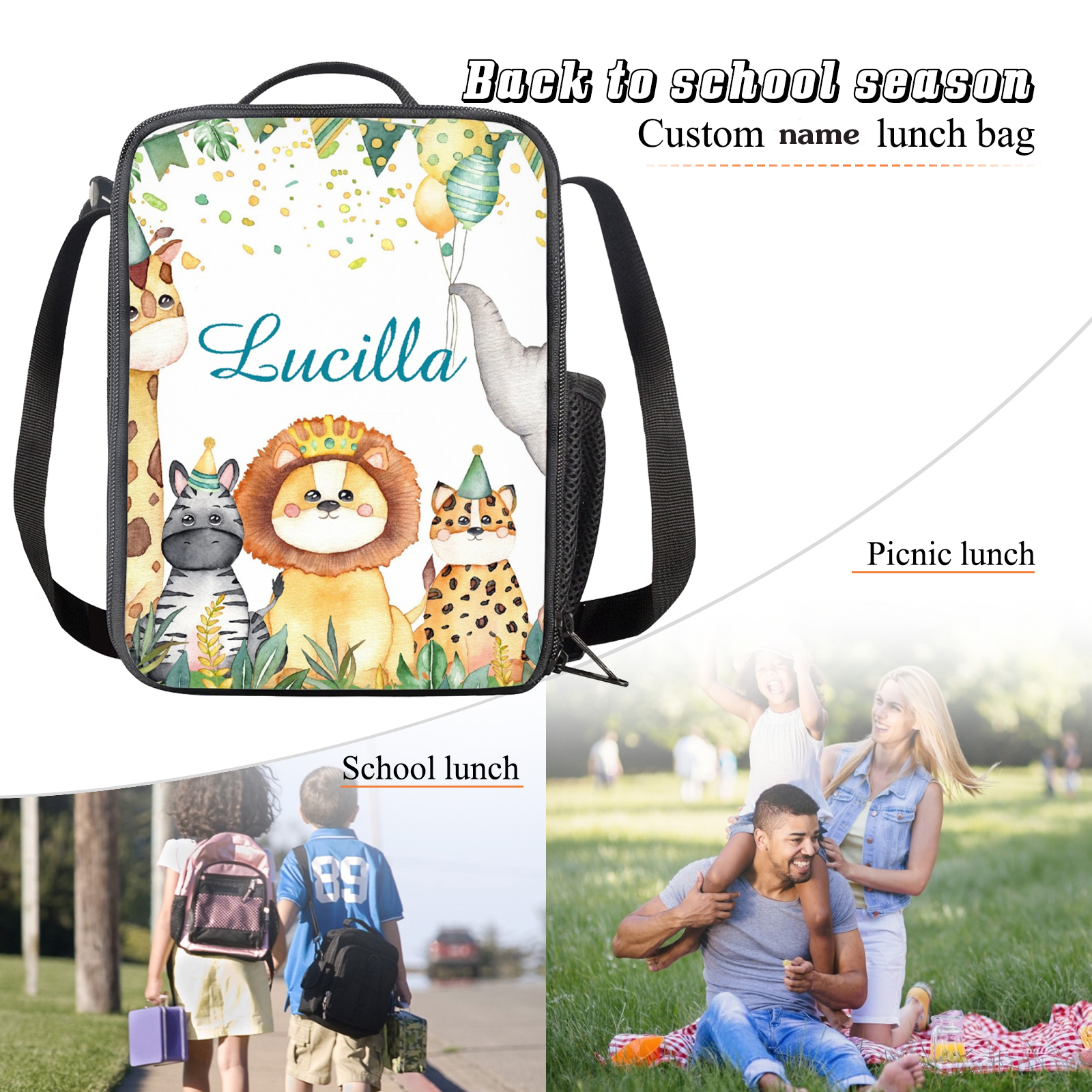 Custom Name Lunch Bag Personalised Cartoon Animals Lunch Box  Gifts for Kids-Jessemade AU