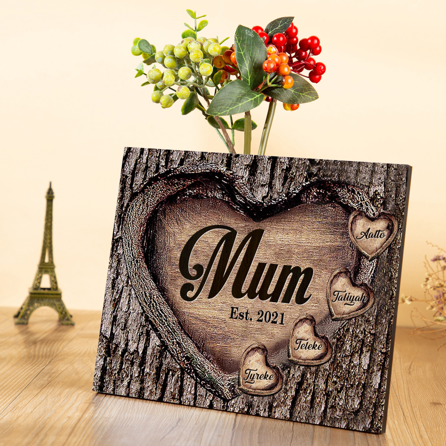 4 Names - Personalised Mum Wooden Plaque Custom Date & Names Home Decoration Hearts Gift for Mother-Jessemade AU