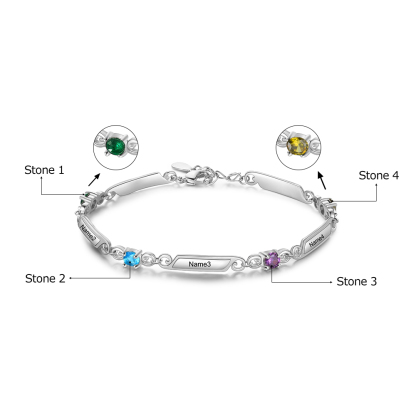 Personalised Bracelet With 4 Birthstones Engraved Names Bracelet Gift For Women-Jessemade AU