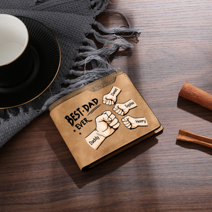Best Dad Ever - Custom 4 Names & 1 Text Billfold Wallet Personalised Fist Bump Men's Leather Wallet