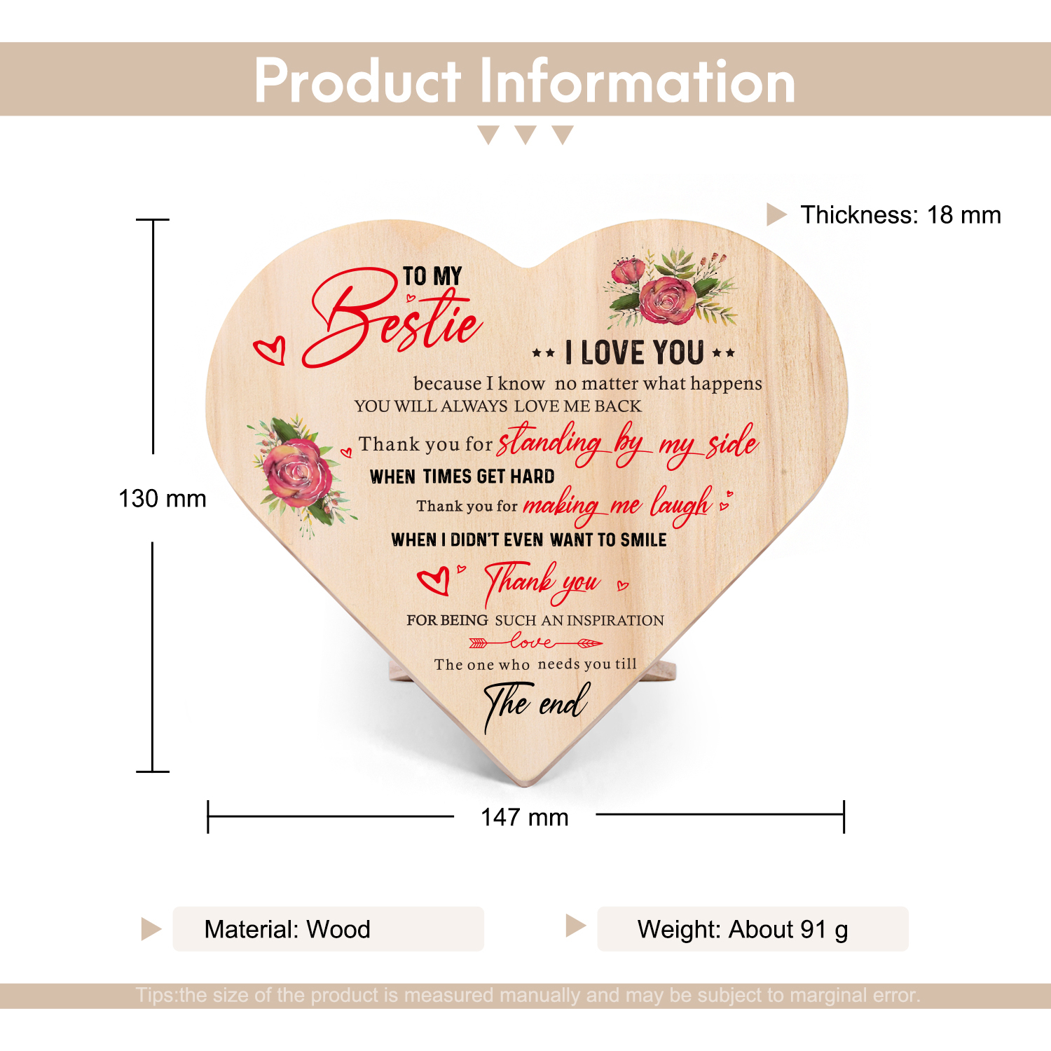 To My Bestie Rose Wooden Heart Keepsake Desktop Ornament "Thank you for standing by my side" Friendship Gifts-Jessemade AU