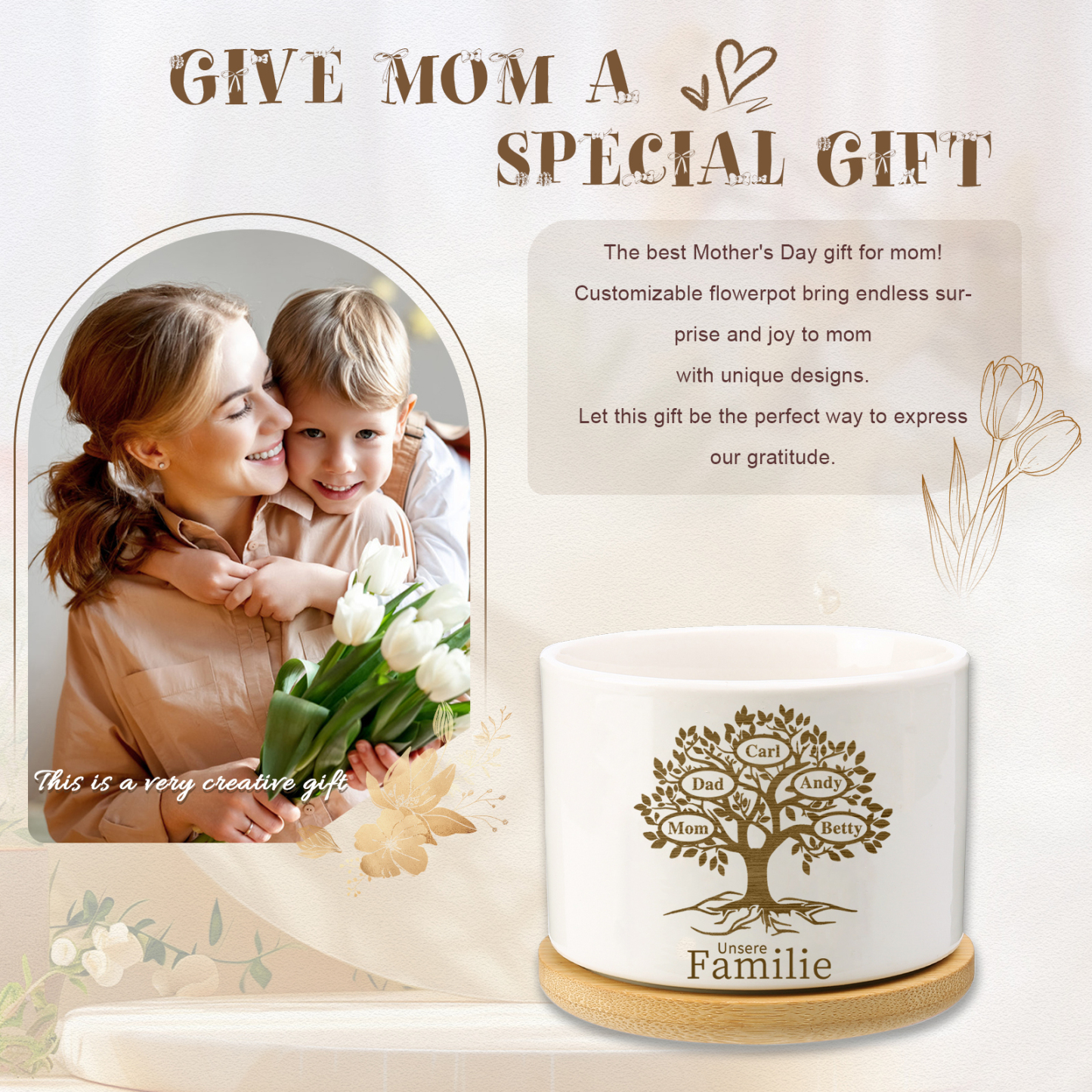 Personalised Ceramic Flowerpot with Wooden Base Custom 5 Names & 1 Text Family Tree Flowerpot Gift for Mum/Nan-Jessemade AU