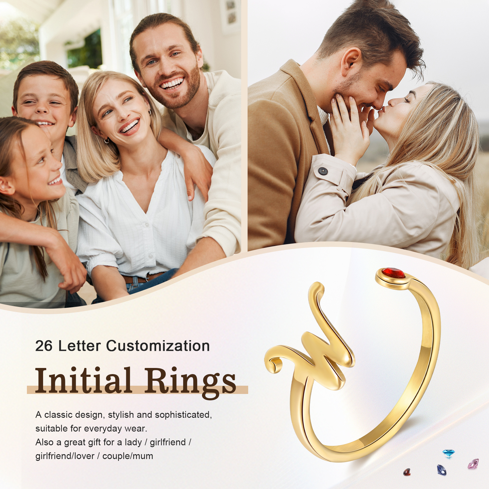 Letter Name Ring with Birthstone Custom 1 Letter Adjustable Ring for Her-Jessemade AU