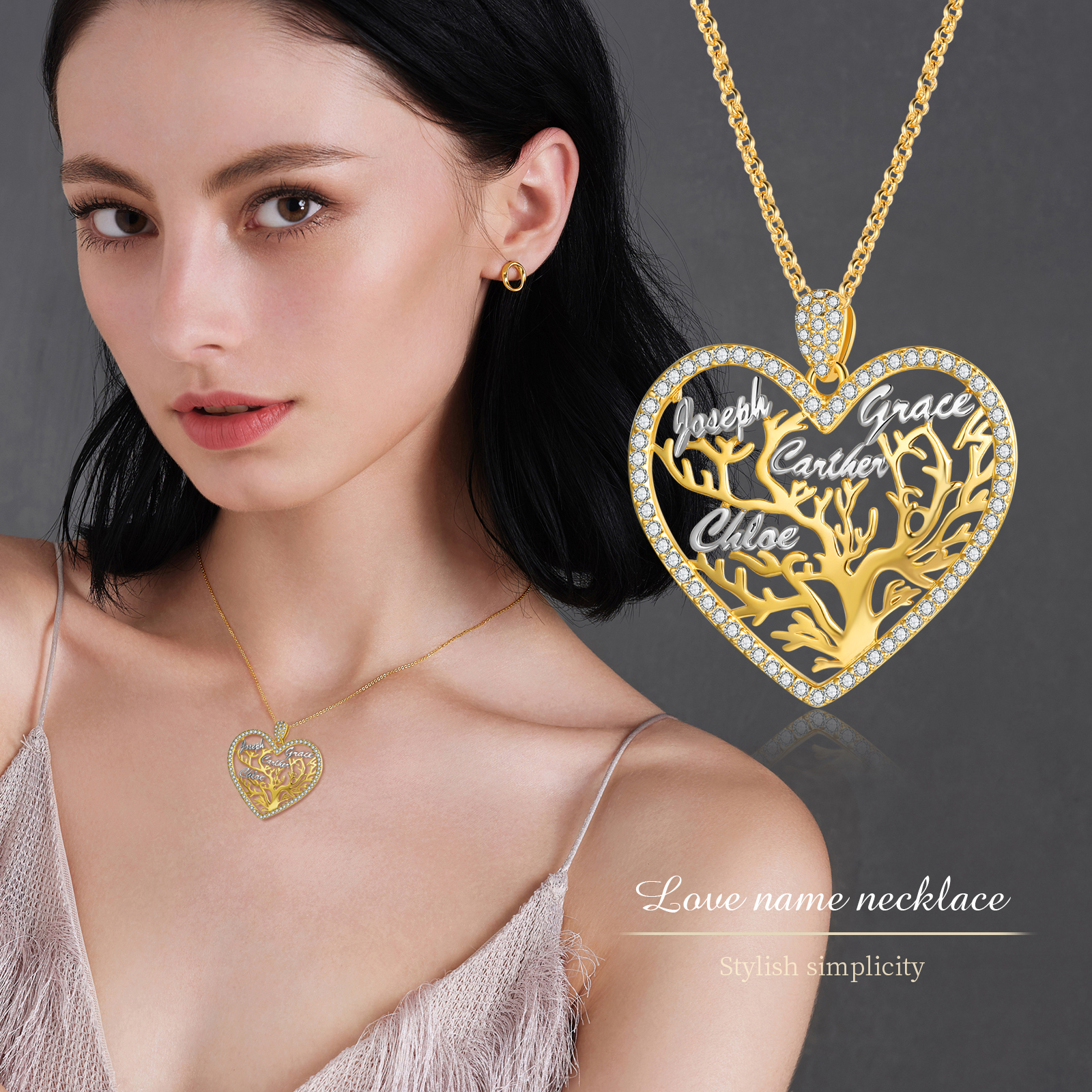 Personalised Family Tree Necklace Custom 4 Names Heart Necklace Gift For Her-Jessemade AU