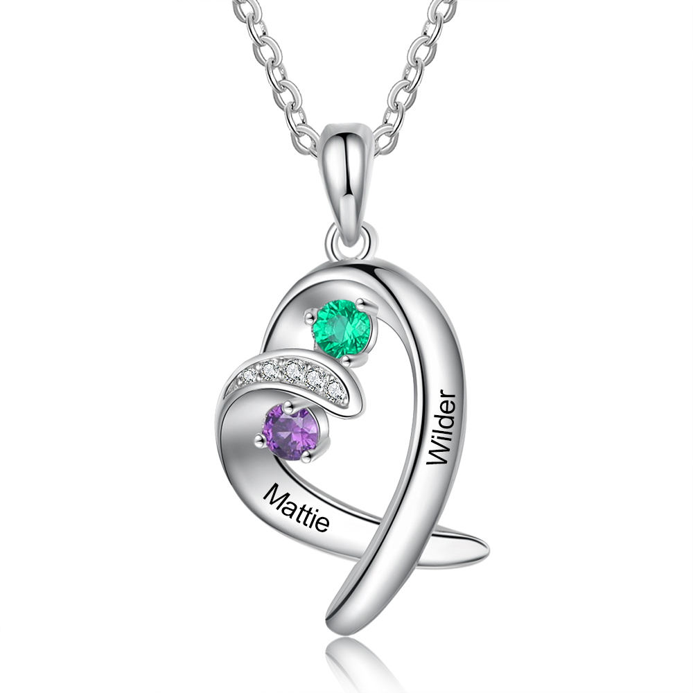 Personalised Heart Necklace With 2 Birthstones Engraved Names Gift For Her-Jessemade AU