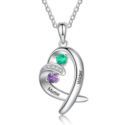 Personalised Heart Necklace With 2 Birthstones Engraved Names Gift For Her-Jessemade AU