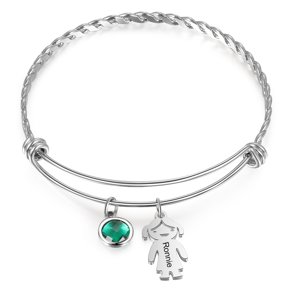 Mother's Day Personalised Kid Charms Bangle Bracelet With Names Customised 1 Birthstone Gift For Women-Jessemade AU