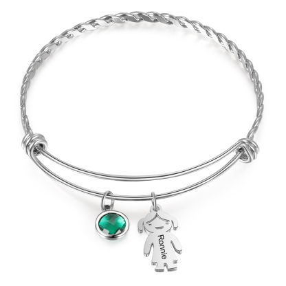 Mother's Day Personalised Kid Charms Bangle Bracelet With Names Customised 1 Birthstone Gift For Women-Jessemade AU