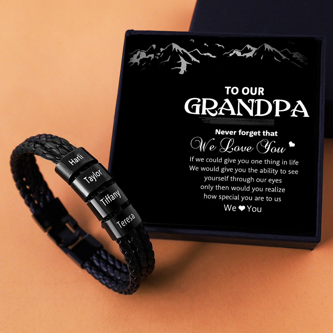 Personalised Braided Leather Bracelet Engraved 4 Names Men's Bracelet Gifts For Him-Jessemade AU