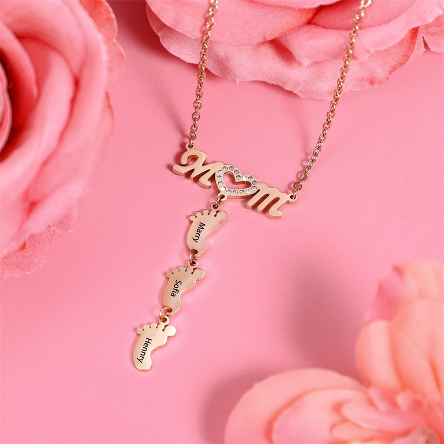 Mother Necklace with 4 Baby Feet Pendants Engraved 4 Names Rose Gift Set