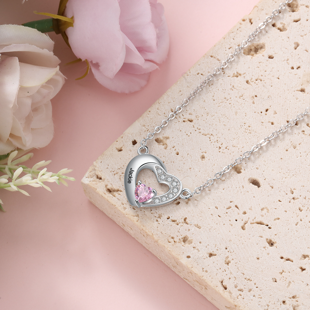 Personalised Heart Necklace with Birthstone Engraved Name Gifts for Her-Jessemade AU