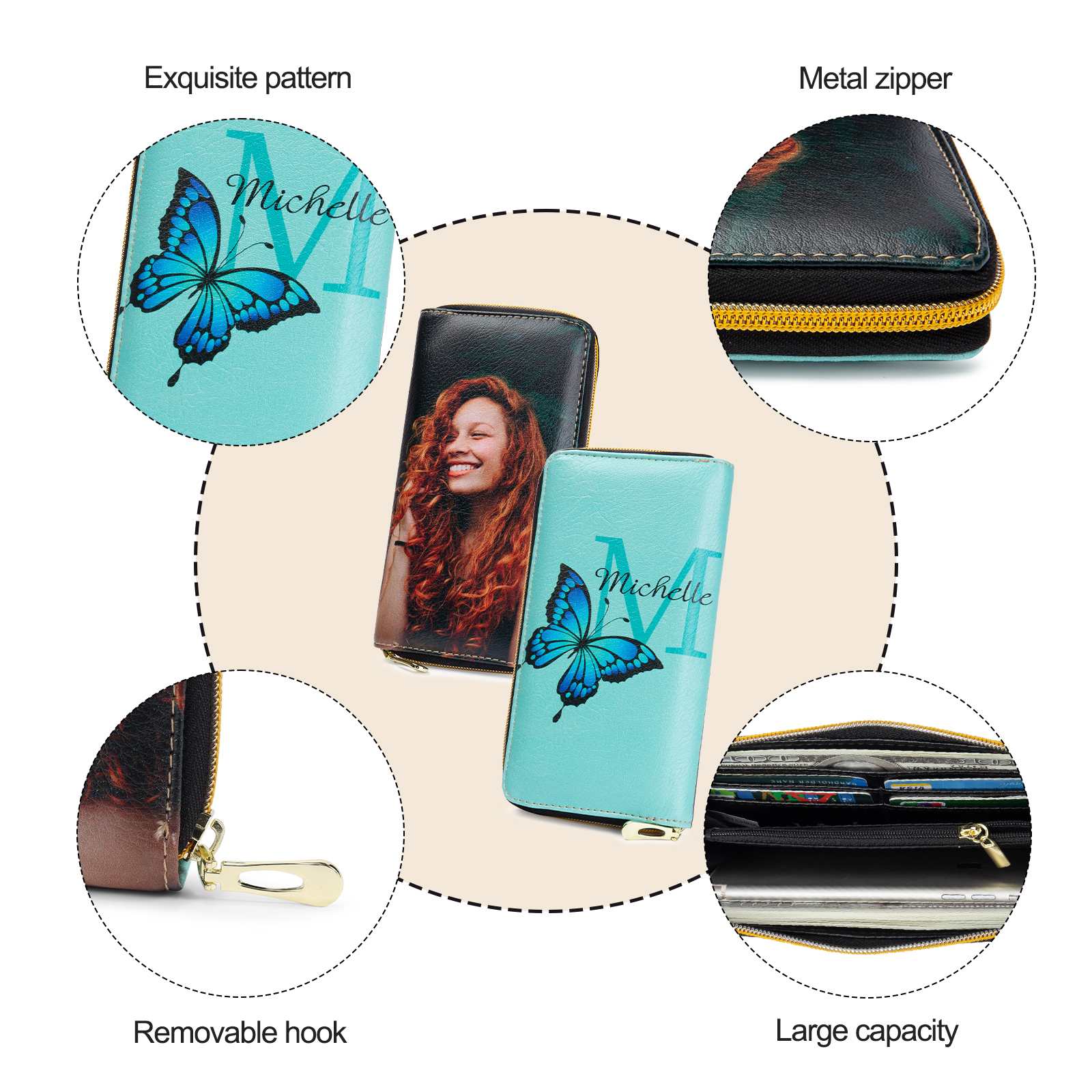 Long Purse Personalised Butterfly Leather Wallet Engraved 1 Photo Zip Wallet Gifts for Her-Jessemade AU
